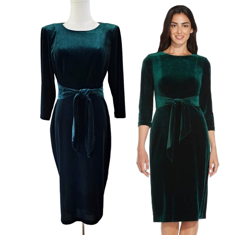 Adrianna Papell Green Velvet Tie Front Sheath Dress Size 10 Cocktail 3/4 Sleeve